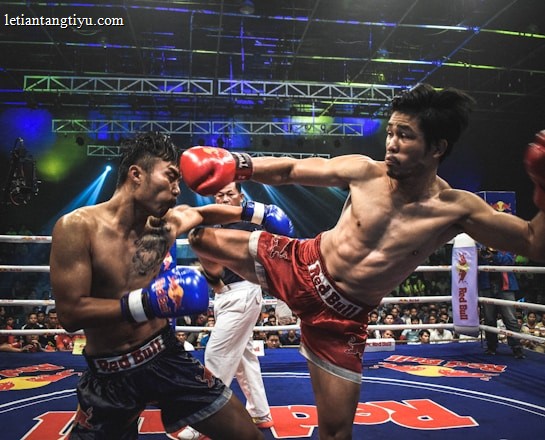 Two athletes are engaged in a dynamic kickboxing match inside a ring, surrounded by a cheering audience. One fighter, wearing red gloves and shorts, executes a high kick towards his opponent, who attempts to block the attack with his arm. The background features colorful lighting and promotional banners.