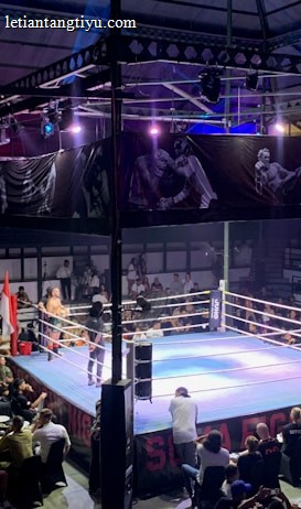 A crowded indoor arena with a boxing ring at the center, surrounded by an audience seated at tables. The scene is illuminated by overhead lights, casting a vibrant glow over the ring where two fighters are preparing for a match. Spectators are engaged, capturing the event with cameras and enjoying the lively atmosphere.